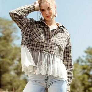 Gimmicks by BKE Buckle Tweed & Lace Flannel Button Down Top Shirt XL